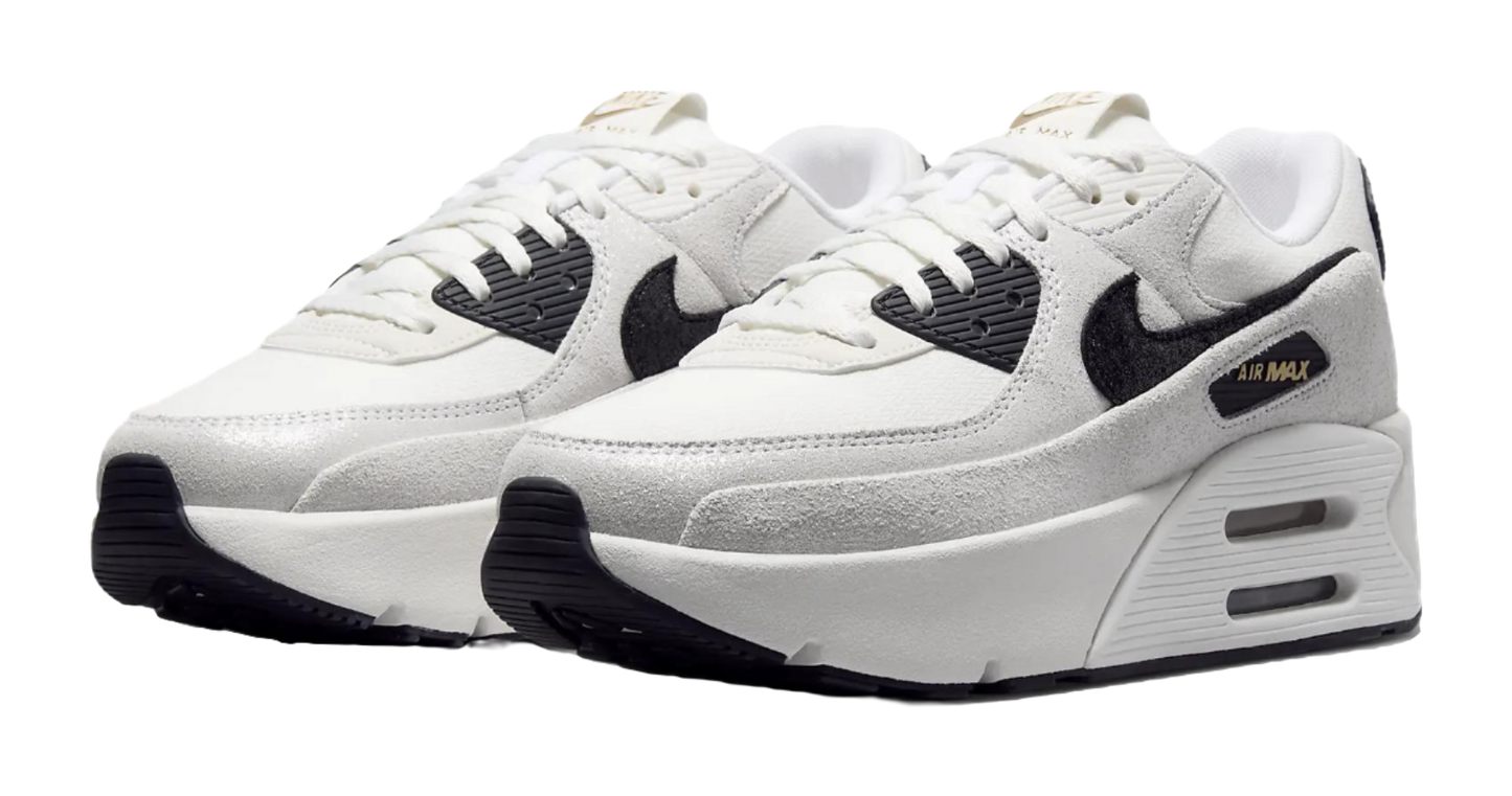 Nike Air Max 90 LV8 White Metallic Gold Black Womens vjkicks